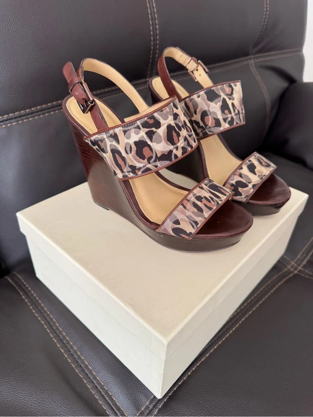 Coach Leopard-Print Leather Slingback Sandals in Brown and Tan